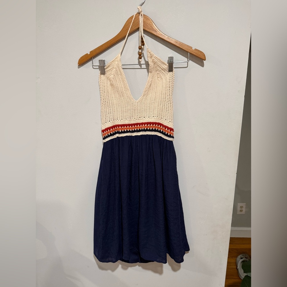 Speechless Navy Dress with Crochet Cream Bodice and Striped Waist - Picture 2 of 13